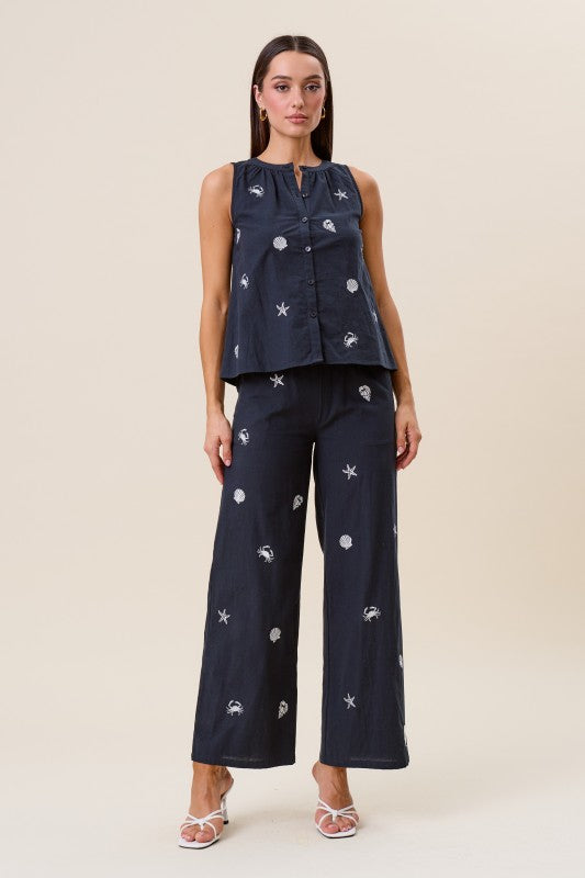 Navy Embroidered Pants