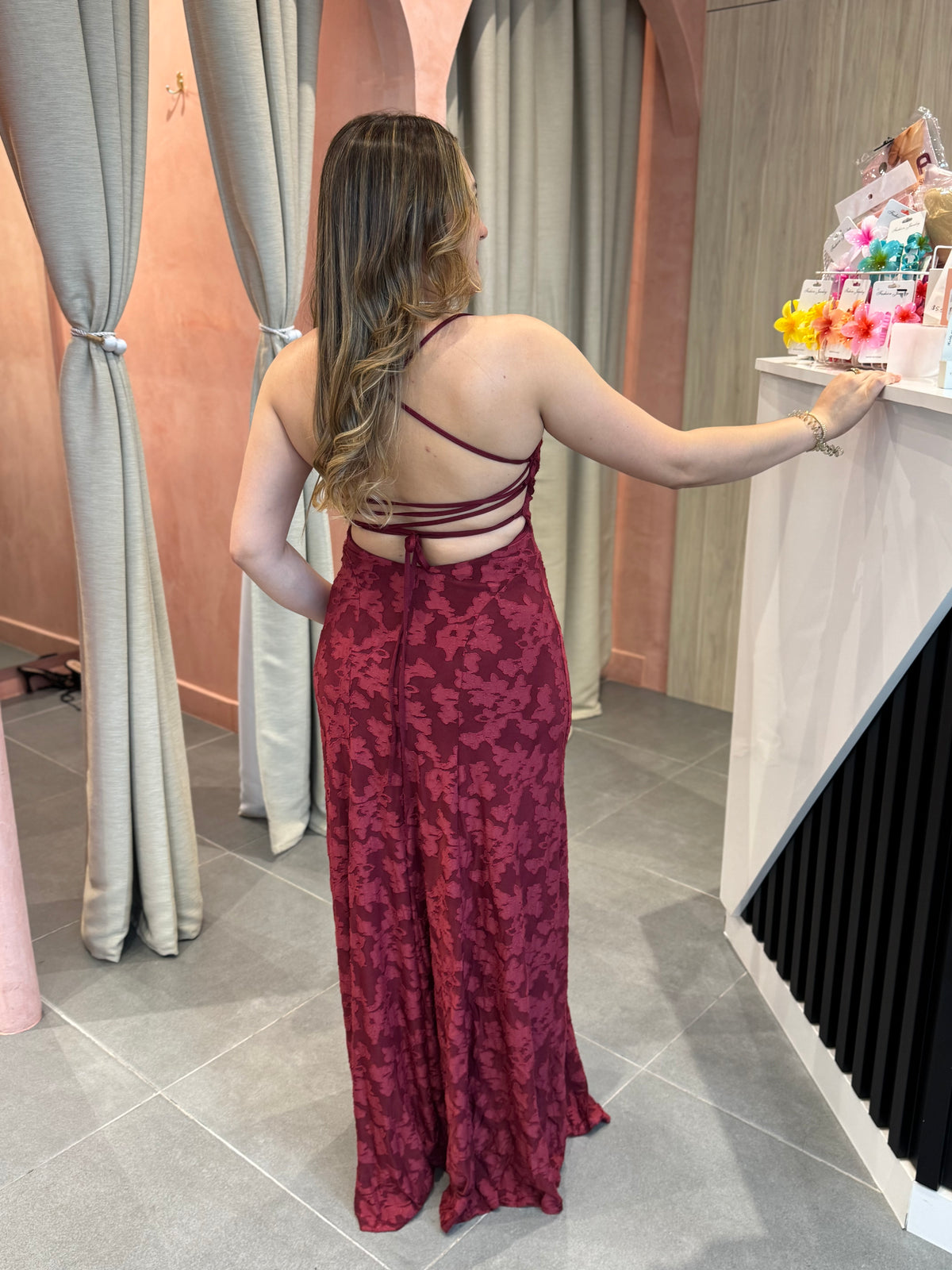Red Wine Floral Strap Maxi Dress