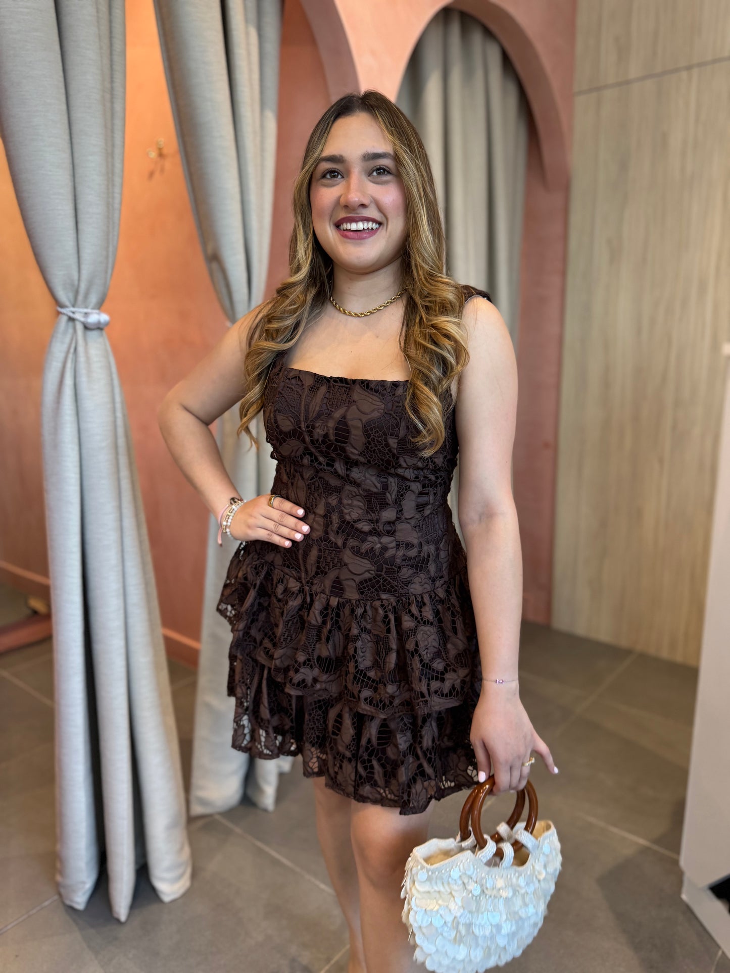 Brown Lace Mini Dress