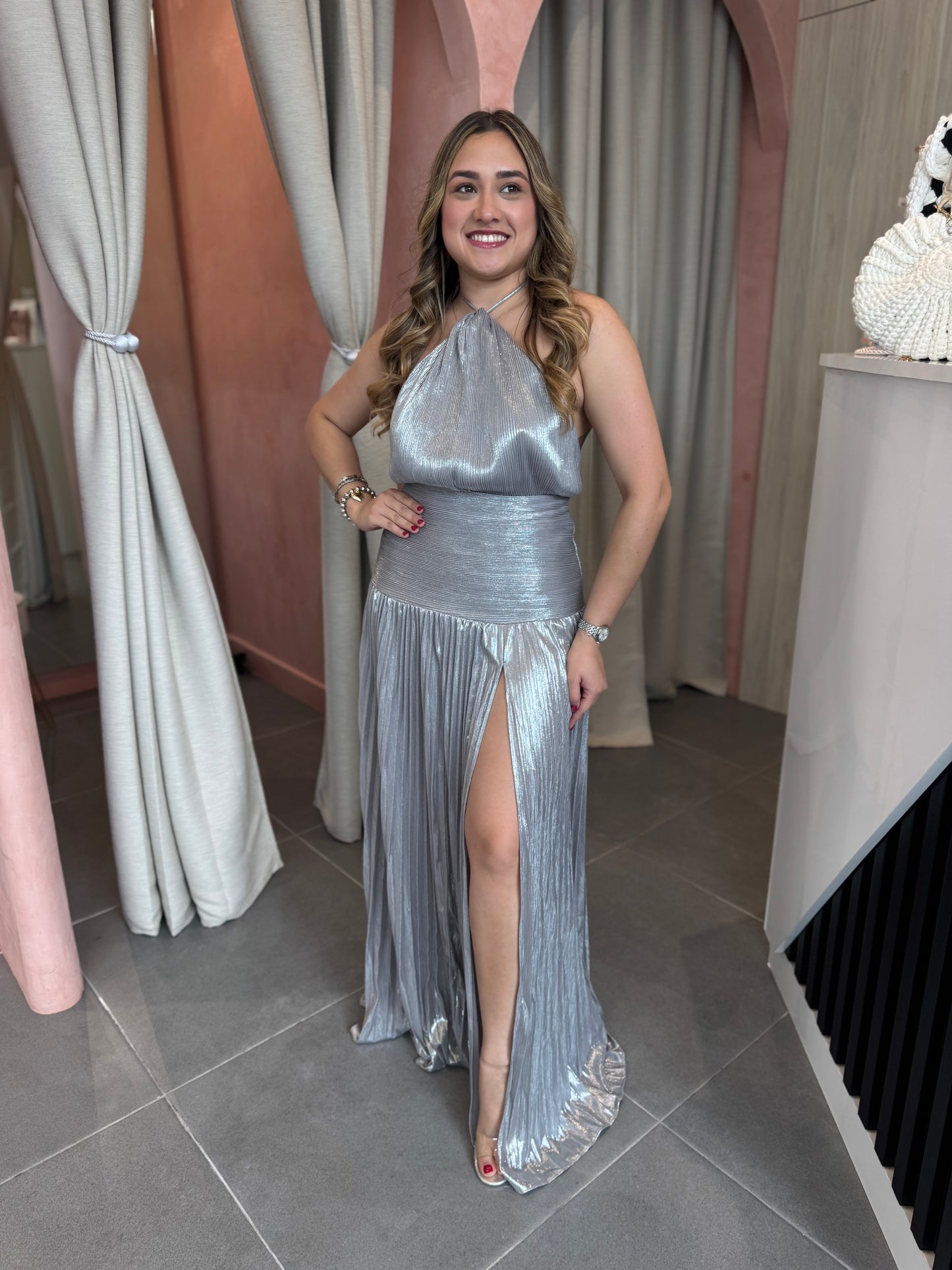 Silver Metallic Halter Maxi Dress