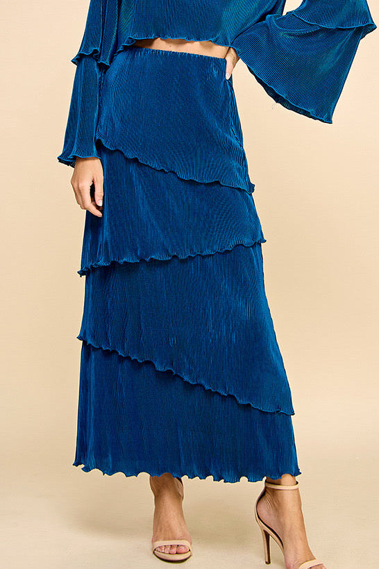 Blue Pleated Long Skirt