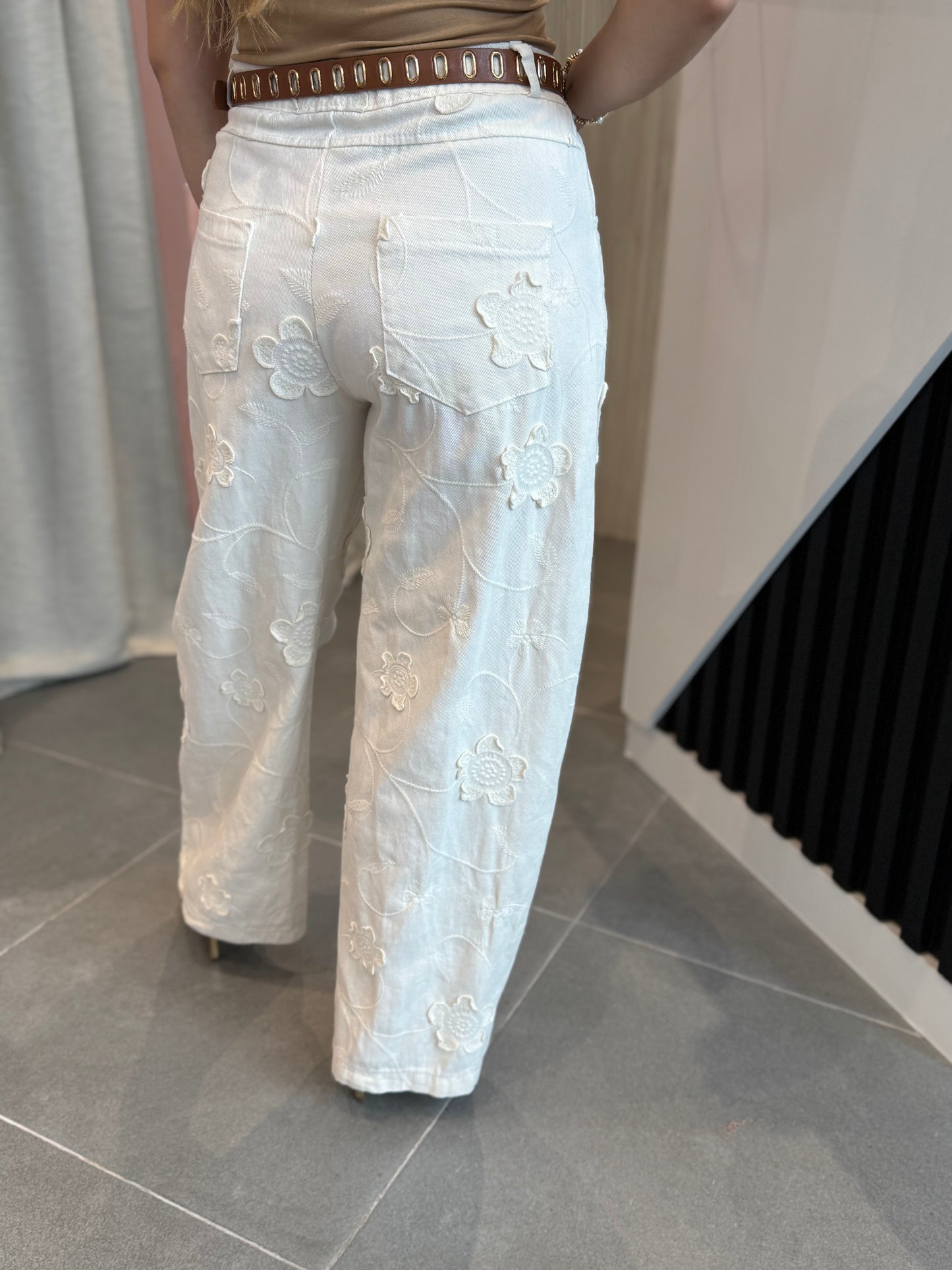 Beige Flower Embroidery Pants