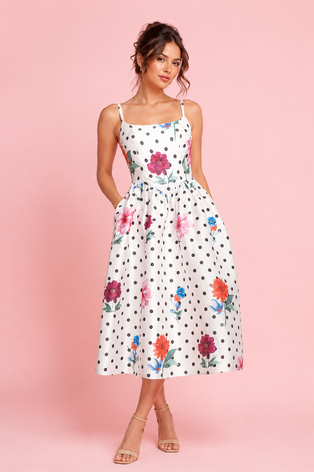 Multi Floral Print Dot Midi Dress